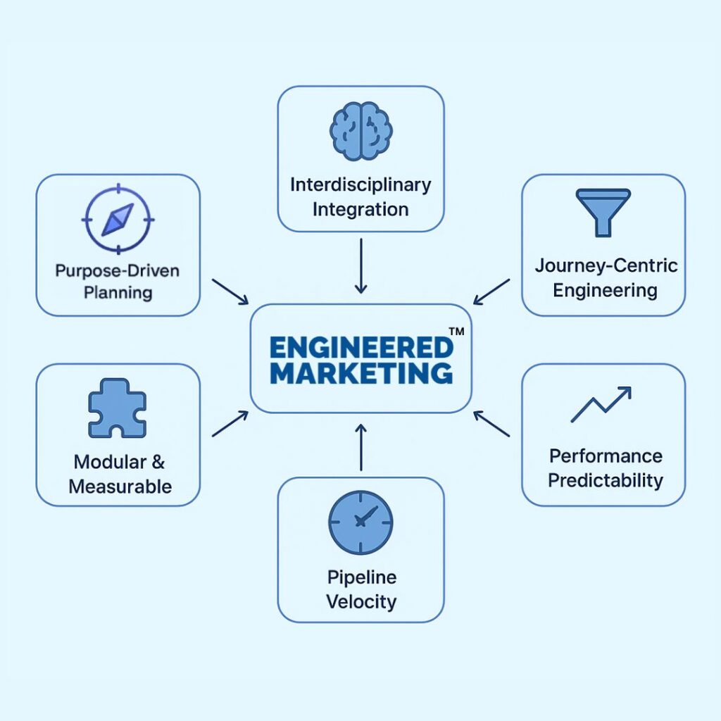 Infographic explaining Engineered Marketing, combining marketing psychology, strategy, AI, and data science for effective growth.